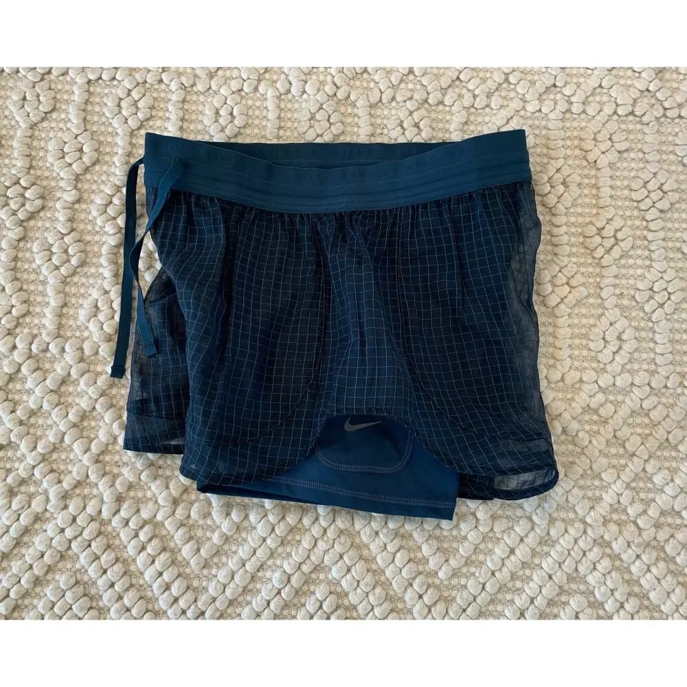Nike Running Division Dri-FIT 2-in-1 Shorts Armory Navy Grid Pattern Size Medium